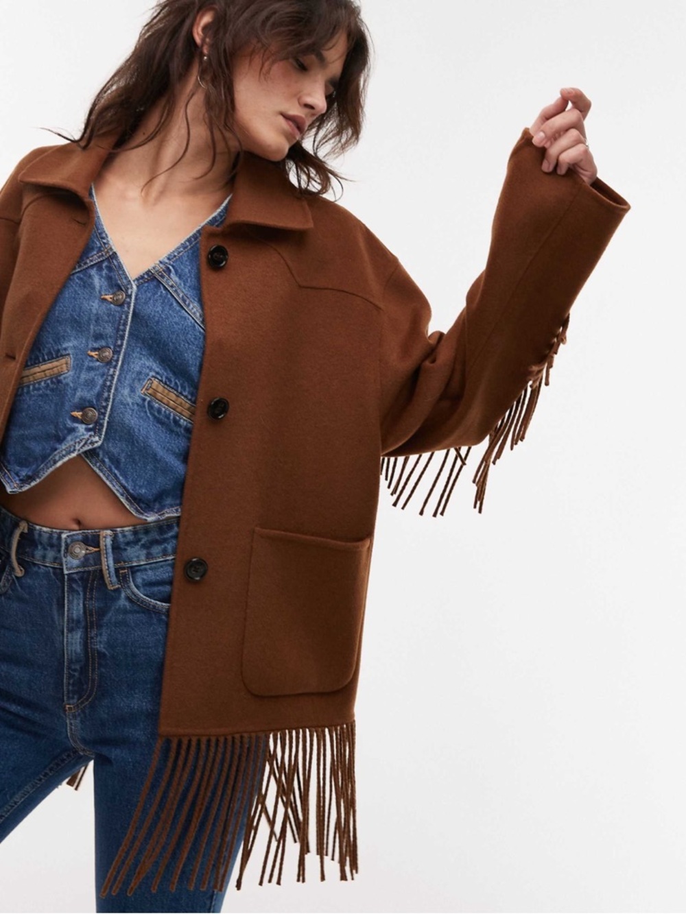 Mango Brown Fringed Wool Jacket, Size Small